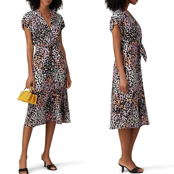 VERONICA BEARD Amani Dress Women 8 Silk Button Front Midi Leopard Print Stretch - Picture 1 of 16